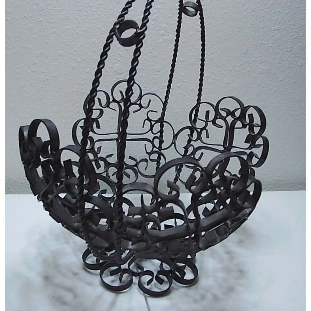 Vintage Spanish Revival Wrought Iron Basket Black Metal Scroll Art Footed
